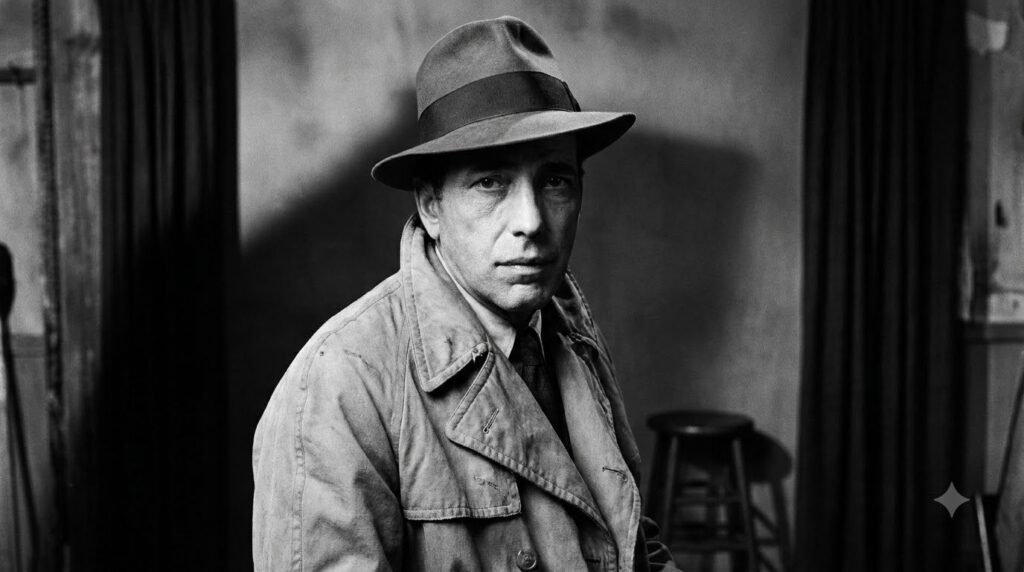 A black and white portrait of Humphrey Bogart wearing a trench coat and fedora looking intensely at the camera