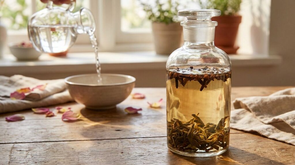 A close-up of a glass bottle containing a light amber liquid with whole cloves and green tea leaves infusing Rose water 