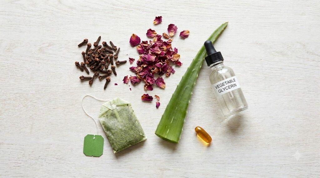 A beautiful arrangement of the serum s ingredients whole cloves dried rose petals representing rose water a green tea ba