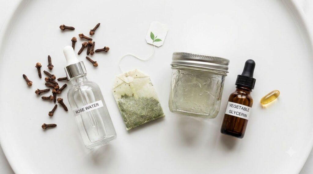 A flat lay of ingredients for a DIY clove wrinkle eraser serum whole cloves a bottle of rose water a green tea bag a jar