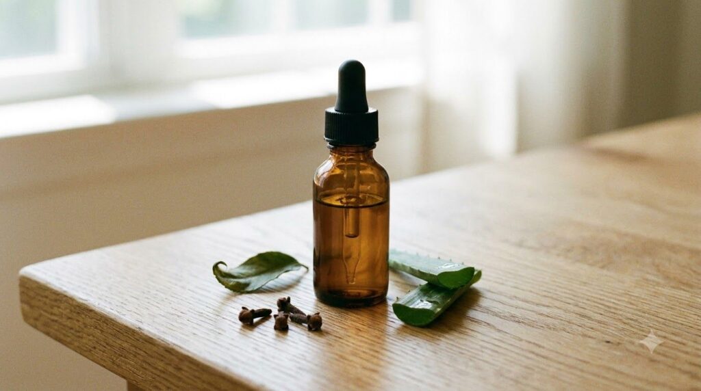 A small amber glass dropper bottle filled with a light brown or yellowish serum next to a few whole cloves a green tea l
