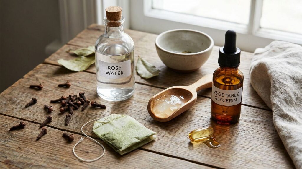 Various natural ingredients for a DIY skincare serum including whole cloves rose water a green tea bag aloe vera gel a b