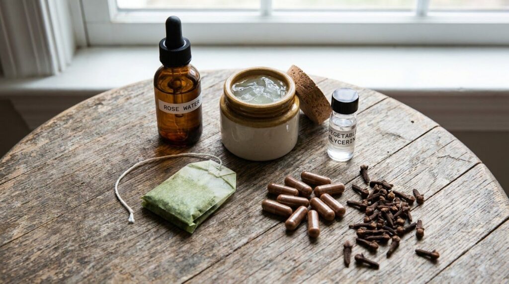 A collection of ingredients for the clove serum including whole cloves rose water green tea aloe vera gel vegetable glyc