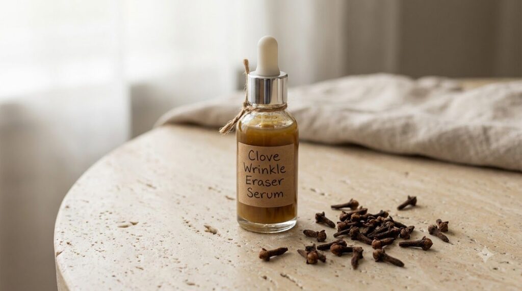 A small clear dropper bottle filled with a light brown slightly viscous homemade serum labeled Clove Wrinkle Eraser Seru