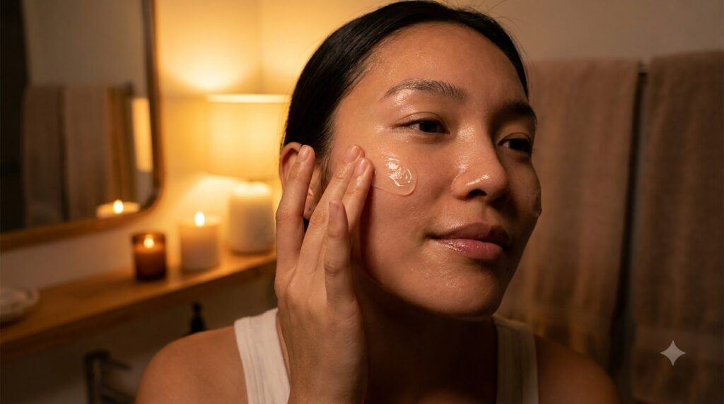 A person applying a clear slightly thick gel to their face at night showing radiant hydrated skin Soft warm lighting