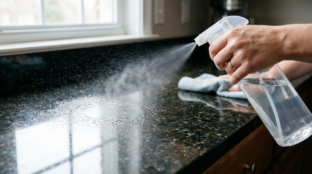 A close-up of a hand spraying a clear liquid from a spray bottle onto a kitchen counter The counter is clean and shiny a