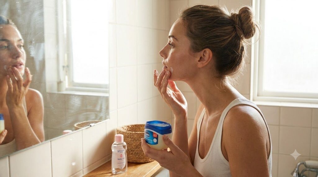A woman gently applying a thin layer of Vaseline to her face after massaging in baby oil showcasing a dewy glowing compl