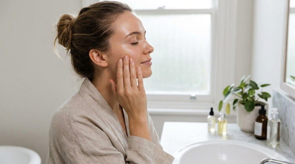 A woman gently massaging a small amount of baby oil blend onto her face focusing on her cheeks with a soft natural expre