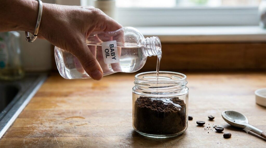 A close-up shot of a hand pouring baby oil into a glass jar containing coffee grounds illustrating the infusion process