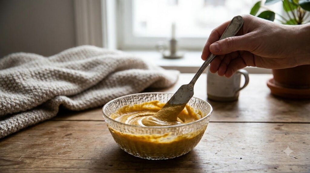 A close-up shot of a small clear glass bowl containing a yellowish creamy mixture A hand is gently stirring the mixture 