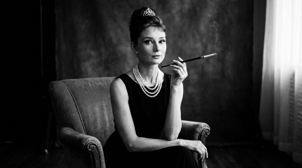 Audrey Hepburn in her iconic Holly Golightly costume from Breakfast at Tiffany s holding a cigarette holder and looking