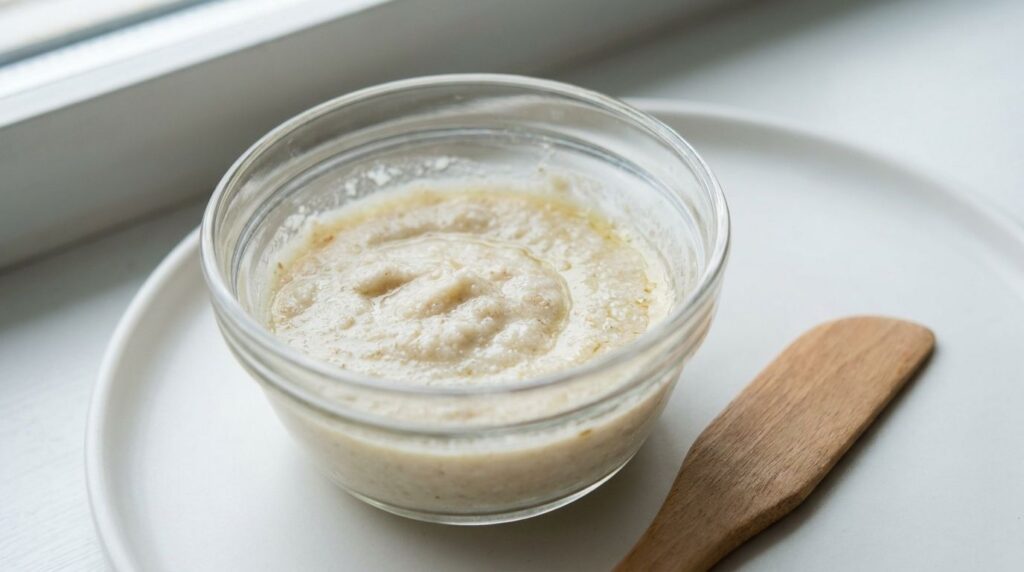 A close-up shot of a small clear bowl containing a smooth creamy and slightly grainy mixture of Vaseline baby oil and ba