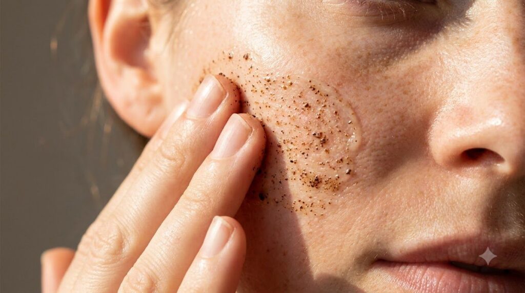 A close-up of a person s fingers gently massaging the coffee and Vaseline mixture onto clean skin on their cheek
