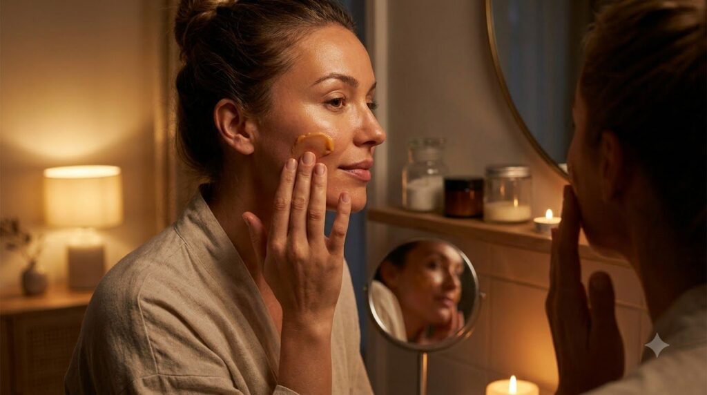 A woman gently applying a homemade face balm to her cleansed face at night with a soft glowing complexion