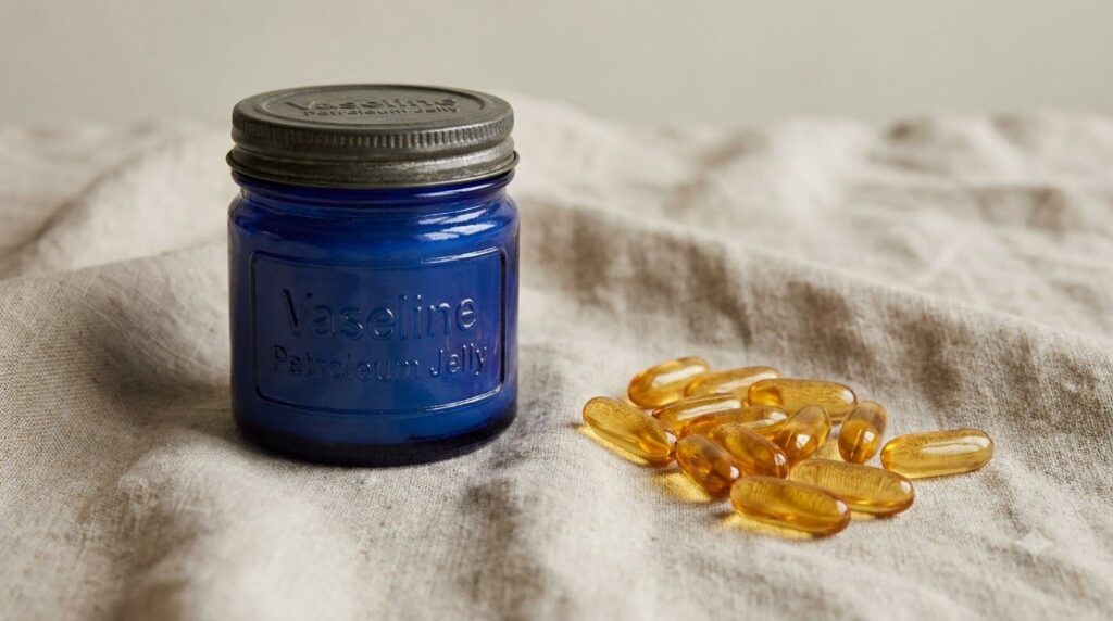A close-up of a jar of Vaseline and several golden Vitamin E capsules on a neutral background highlighting the two key i