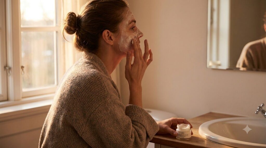 A person gently applying a homemade Vaseline and Vitamin E mixture to their clean face at night showing a soft focused a