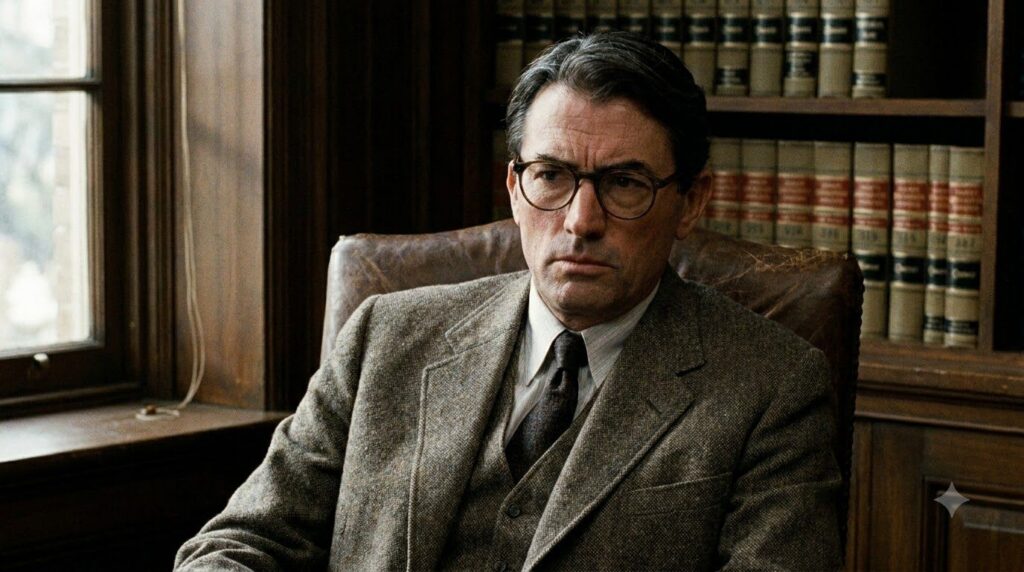 Gregory Peck as Atticus Finch looking thoughtful in a still from To Kill a Mockingbird