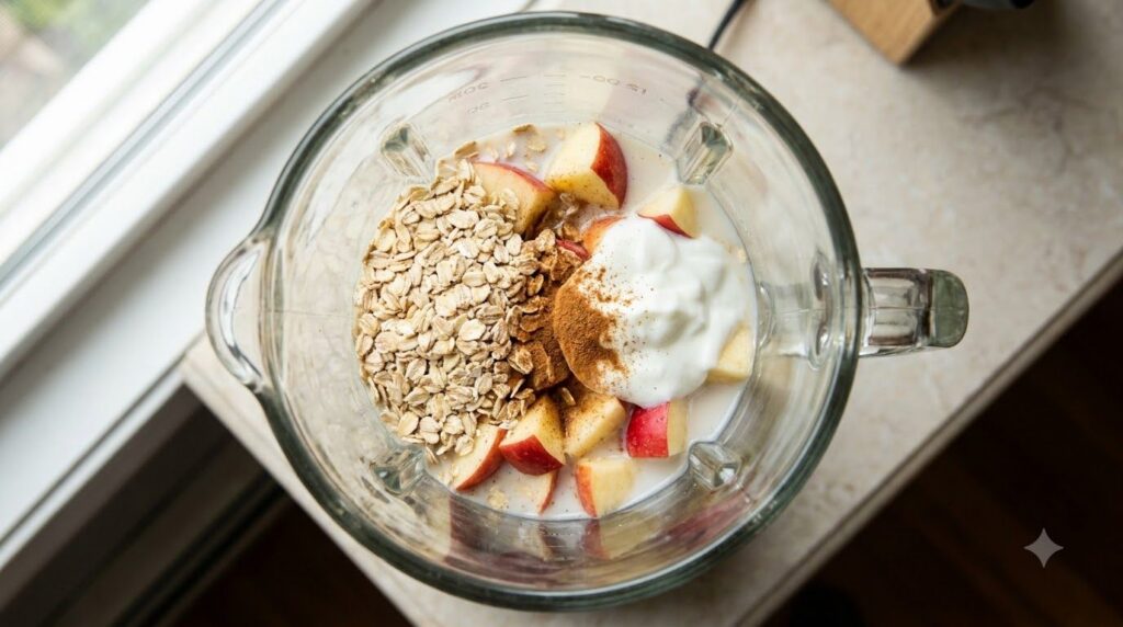 A blender filled with chopped apples rolled oats milk cinnamon and other smoothie ingredients ready to be blended