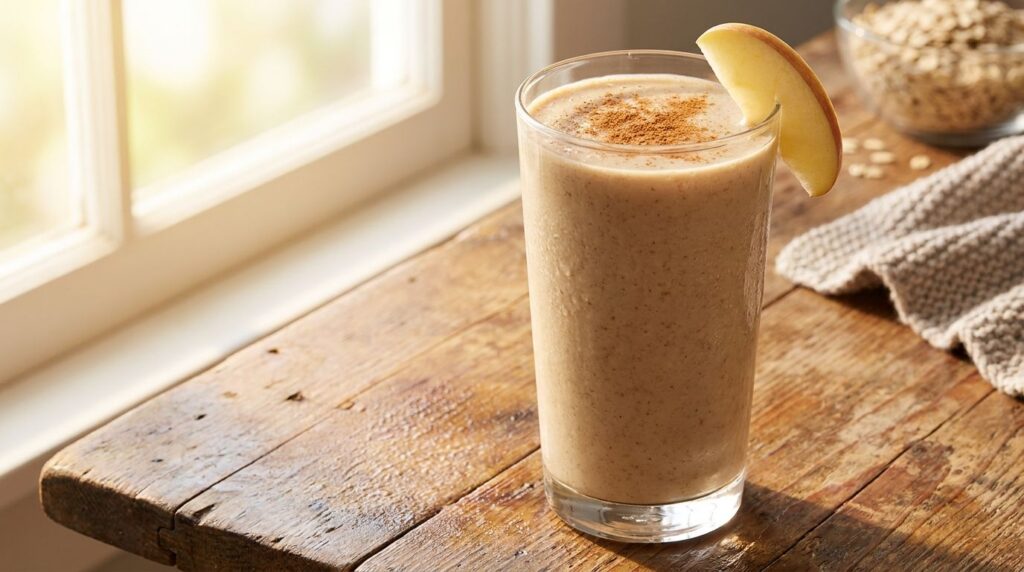 A tall glass filled with a creamy light brown apple cinnamon oatmeal smoothie garnished with a sprinkle of cinnamon and