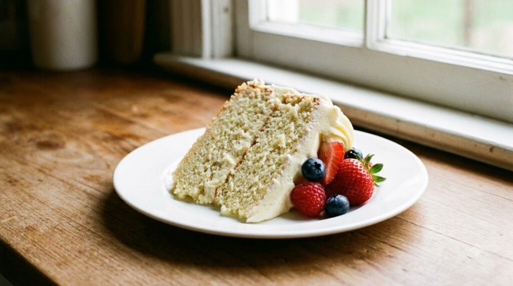 A slice of moist vanilla cake topped with a generous swirl of creamy vanilla buttercream and a few fresh berries