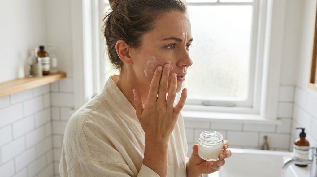 A woman gently applying a homemade gel to her face showing the texture of the gel and a focused expression in a well-lit