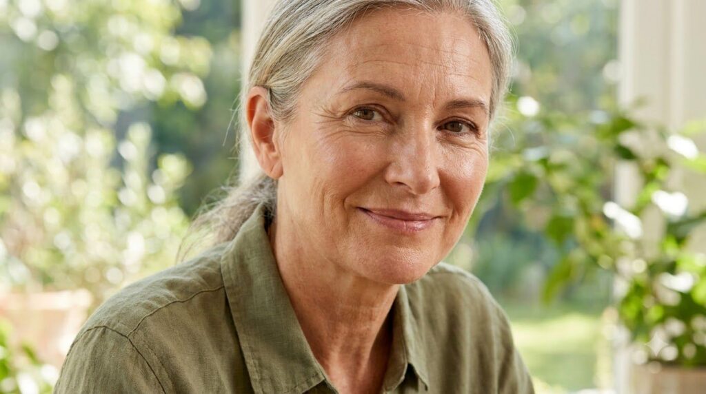 A beautifully glowing healthy-looking woman in her 50s or 60s smiling softly her skin appearing smooth and radiant repre