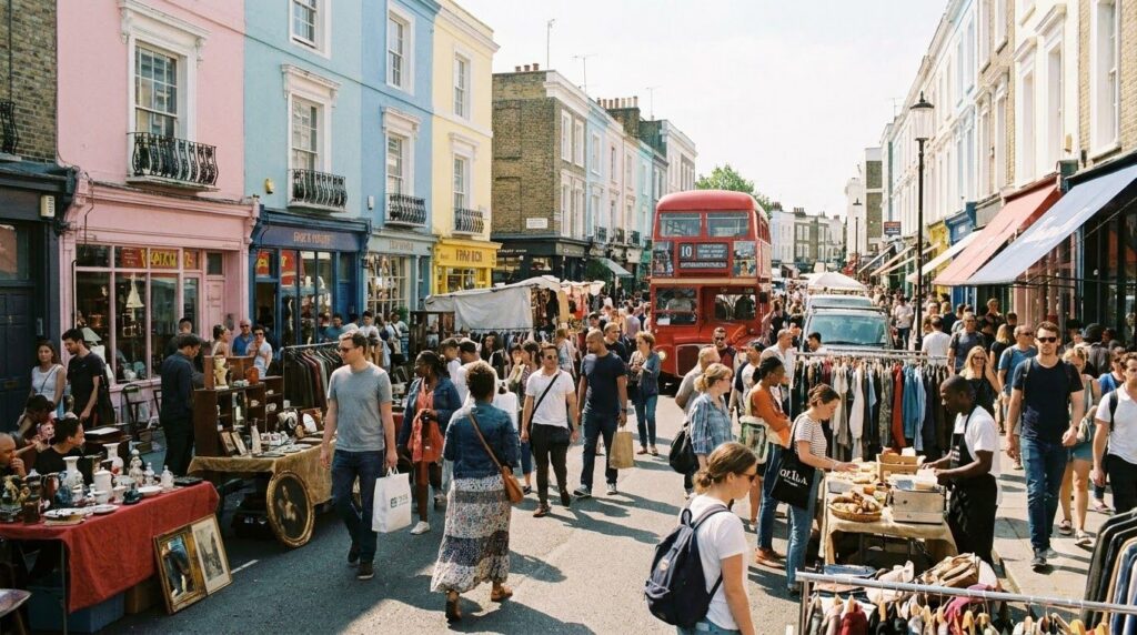A wide shot of Portobello Road in Notting Hill London bustling with market stalls and charming pastel-colored houses