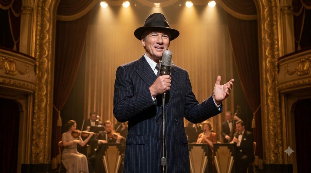 Richard Gere on stage dressed in a sharp suit performing with a microphone in a musical setting reminiscent of his role 