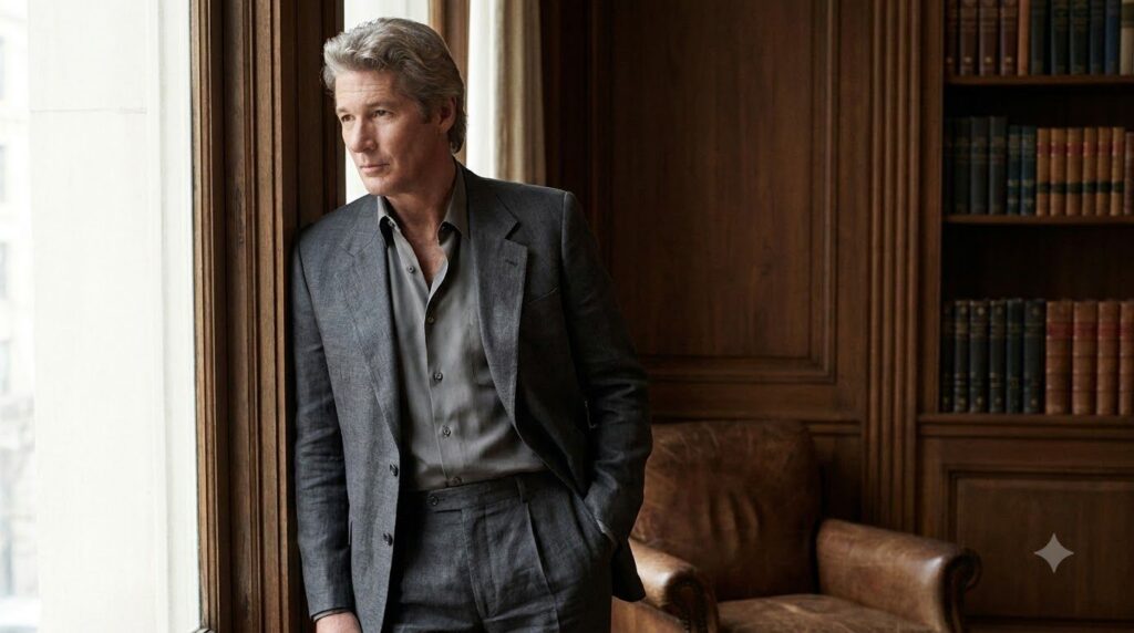A young Richard Gere in a stylish suit looking intently embodying his iconic role from American Gigolo