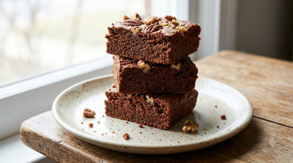 A stack of rich moist sweet potato brownies with a deep chocolate color and a slightly rustic texture A few scattered pe