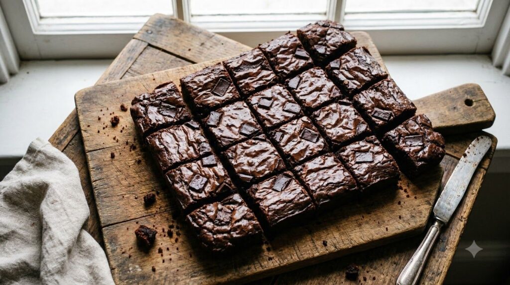 Dark rich black bean brownies cut into neat squares with a slightly glossy crinkled top Some chocolate chunks are visibl