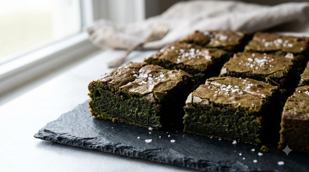 Deep green-tinged fudgy avocado brownies cut into squares with a sprinkle of sea salt on top The interior is moist and d