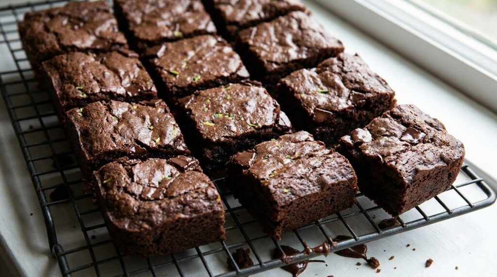 Moist chocolate chunk brownies with a slightly textured top flecks of green zucchini visible in some pieces Cut into rus