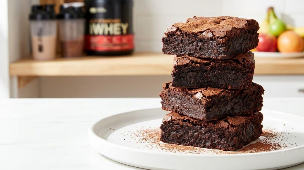 Stack of dense dark fudgy brownies with a protein powder texture garnished with a light dusting of cocoa powder Set agai