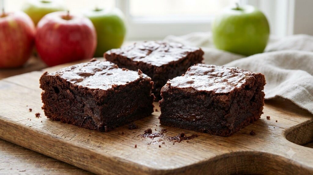 A trio of moist dark chocolate brownies with a subtly glossy top showing a dense rich texture The brownies are neatly cu