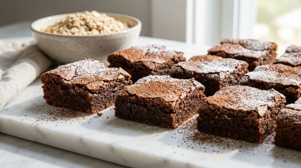 Gluten-free oat flour brownies cut into squares with a slightly chewy texture and a generous sprinkle of powdered sugar