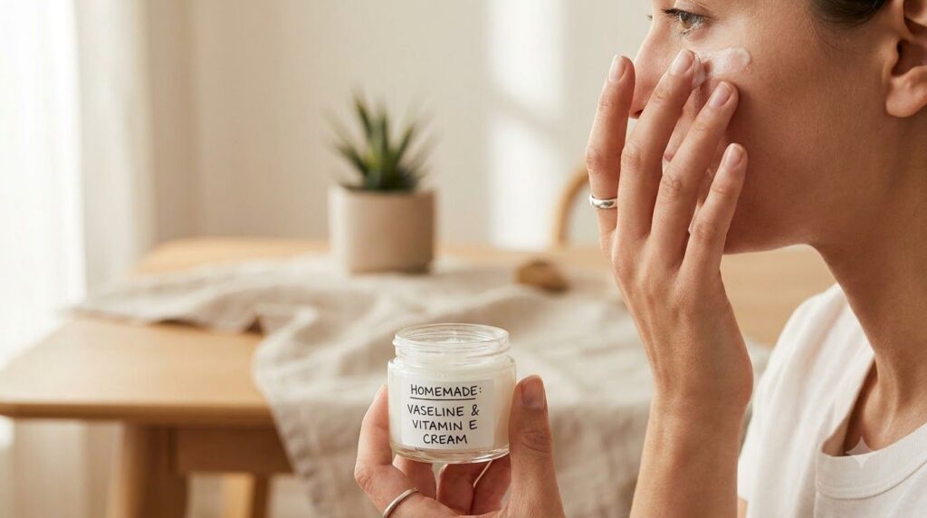 A small clear glass jar containing the mixed Vaseline and Vitamin E cream with a finger gently applying it to the skin a