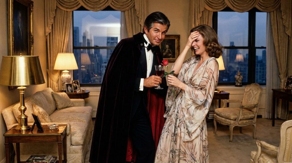 Promotional image from the movie Love at First Bite showing George Hamilton as Count Dracula possibly with Susan Saint J