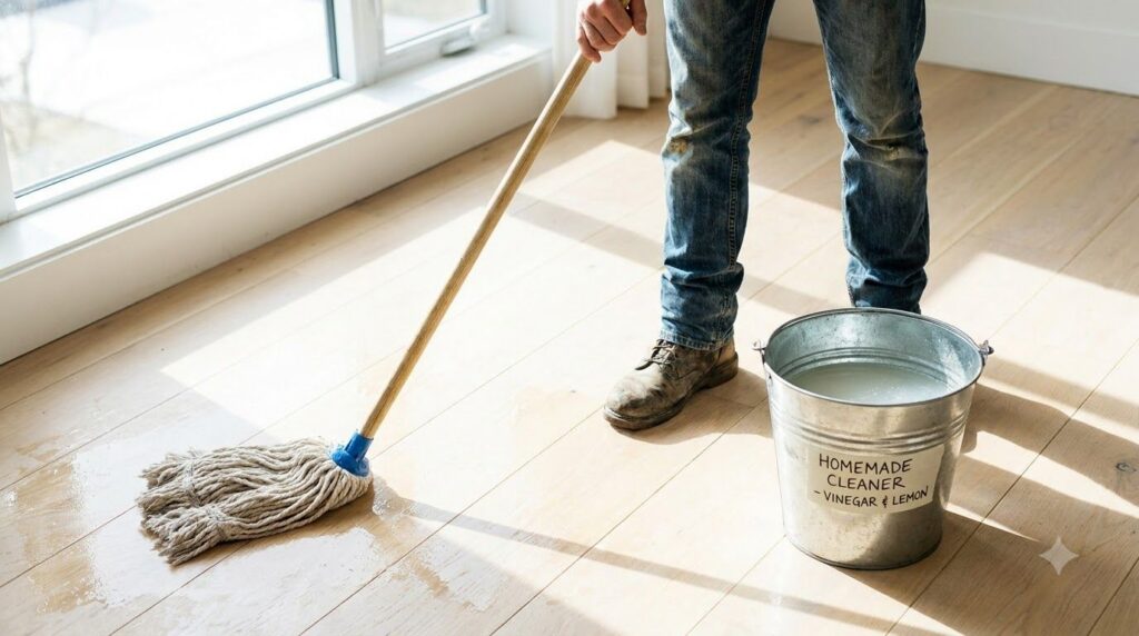 A person mopping a floor with a bucket of homemade cleaning solution leaving a clean sparkling trail behind them