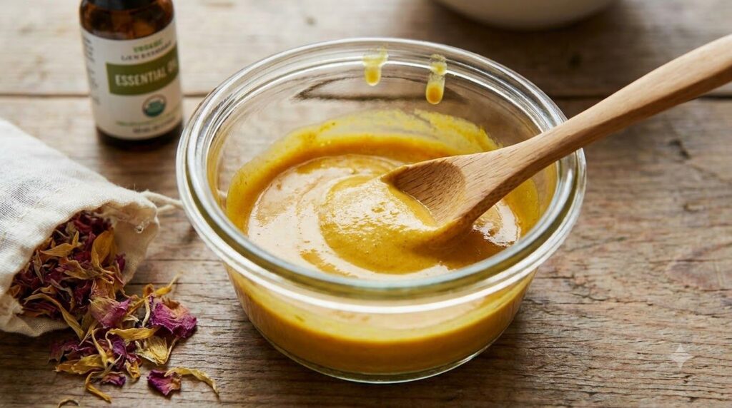 Close-up of a small glass bowl with a yellow paste vaseline turmeric lemon mask being mixed with a small spoon The textu