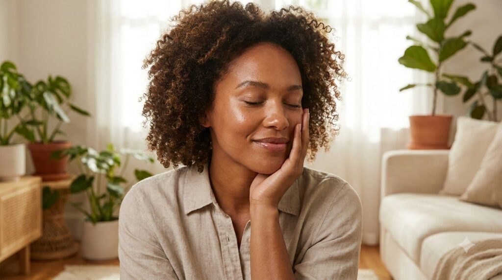 A woman gently touching her radiant glowing face after applying a natural skincare mask Her skin looks smooth and health