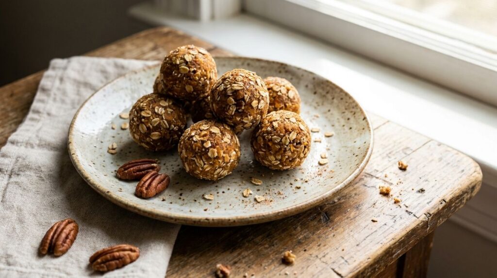 No-bake sweet potato and pecan energy bites arranged on a plate with some whole pecans around them looking wholesome and