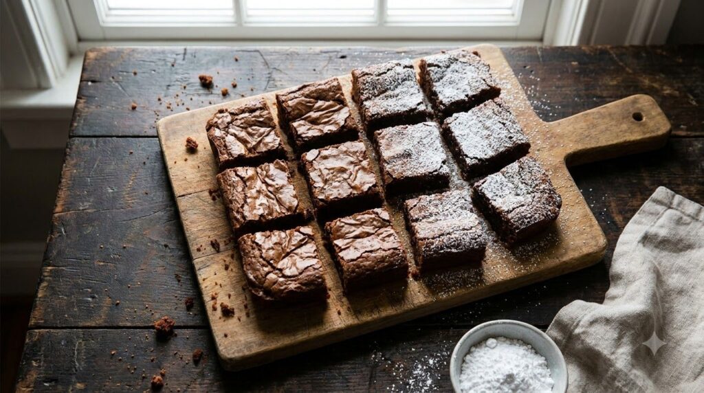 Rich fudgy sweet potato brownies cut into squares dusted lightly with powdered sugar on a rustic wooden board