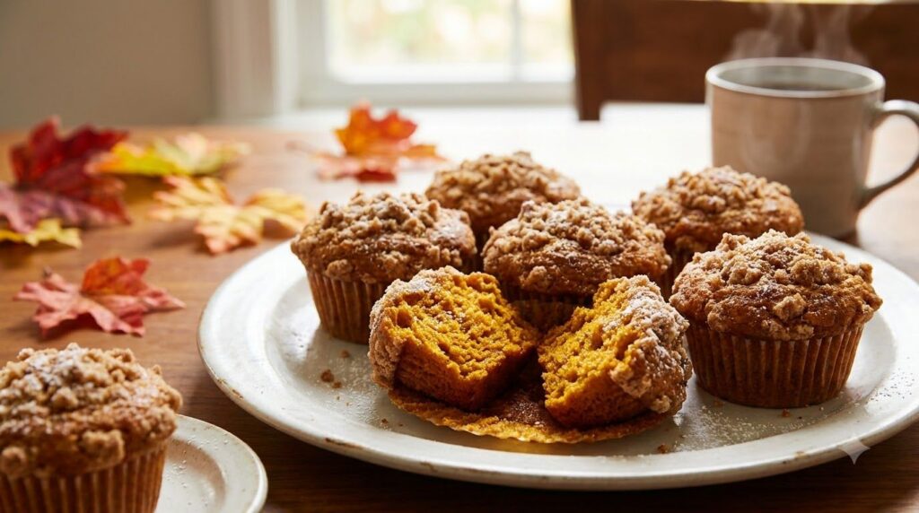 Warm spiced sweet potato muffins with a crumbly topping some broken open to show the moist interior on a white plate