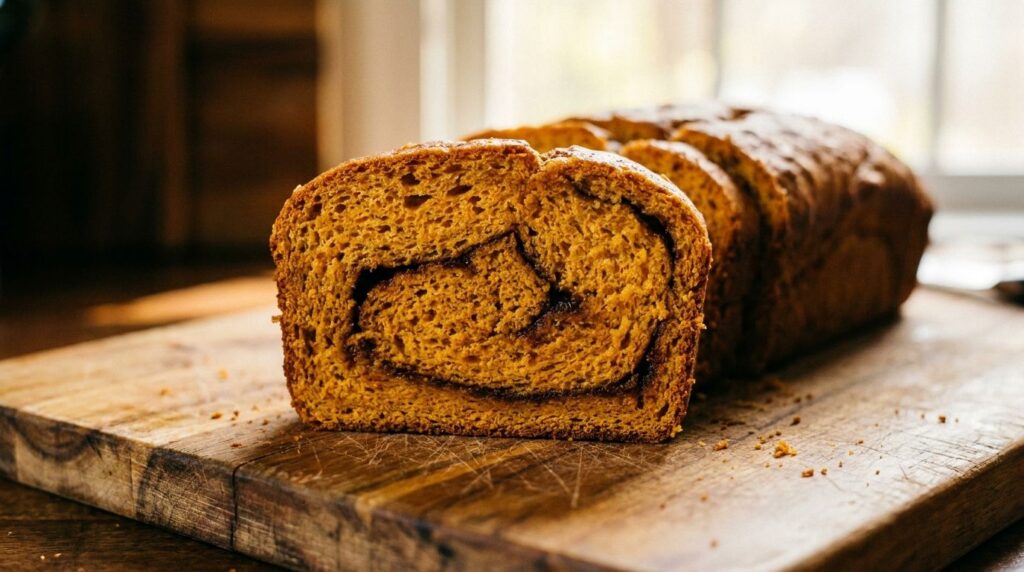 A slice of homemade sweet potato cinnamon swirl bread with a visible cinnamon ribbon on a cutting board with the loaf in