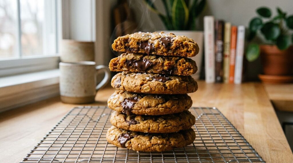A stack of healthy sweet potato chocolate chip cookies on a cooling rack with some chocolate chips visible soft focus ba