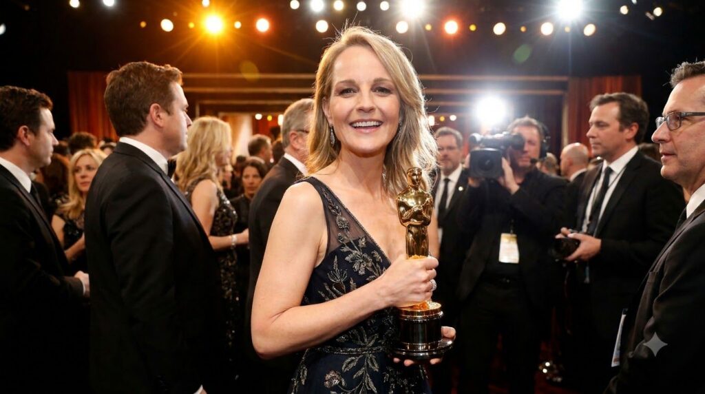 Helen Hunt with her Oscar statuette possibly at the Academy Awards ceremony looking joyful