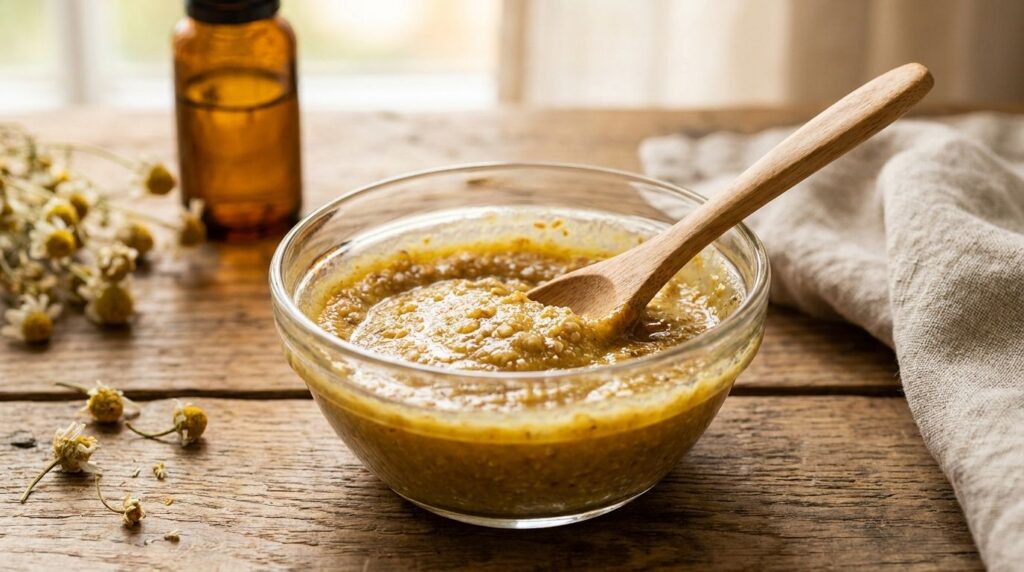 A small glass bowl with the mixed DIY scrub yellowish paste and a spoon ready for application with a blurred background 