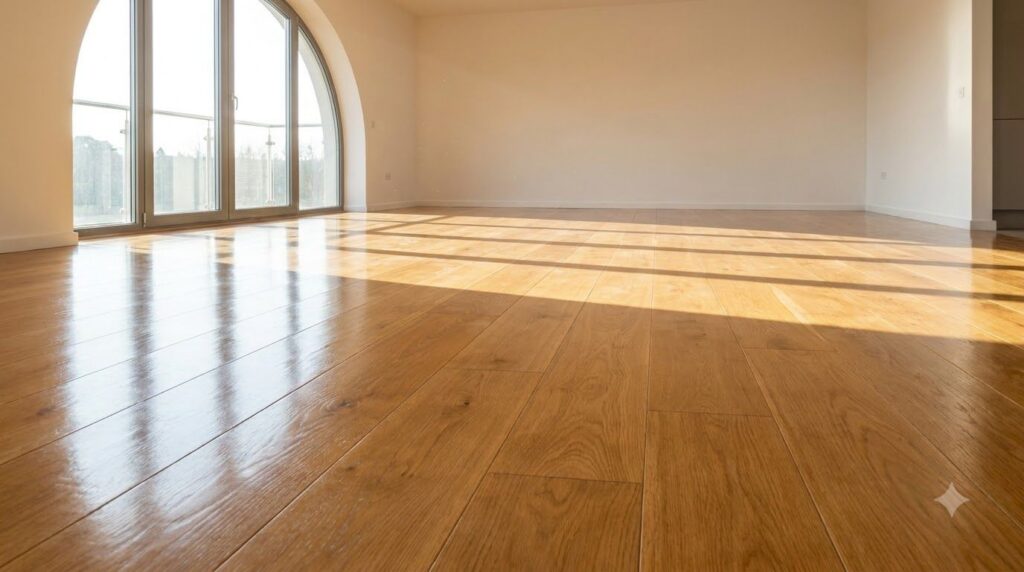 A gleaming clean wooden floor reflecting light with no muddy footprints visible