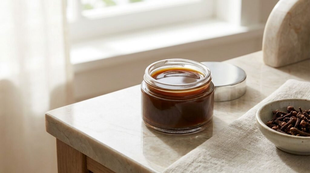 A small elegant glass jar of the finished clove night balm with a smooth glossy surface placed on a clean vanity table i